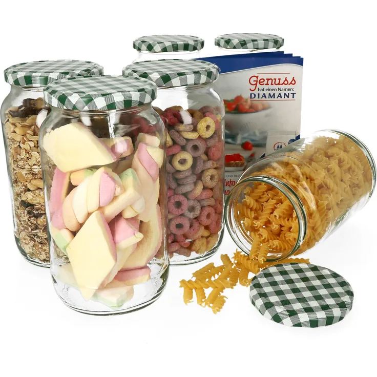 6er Set Einkochgläser 1062ml Rundglas grün kariert Deckel Einmachgläser Marmelade Einweckgläser