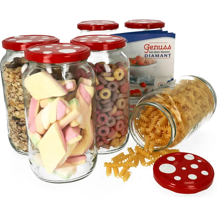 6er Set Einkochgläser 1062ml Rundglas rot weiß gepunktet Deckel Einmachglas Marmelade Einweckglas