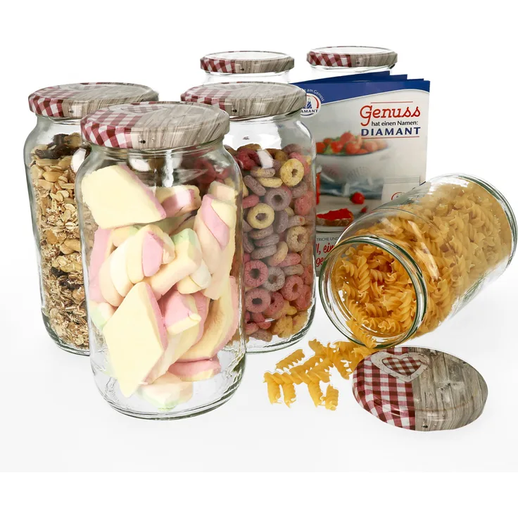 6er Set Einkochgläser 1062ml Rundglas Holz Herz rot Deckel Einmachgläser Marmelade Einweckglas