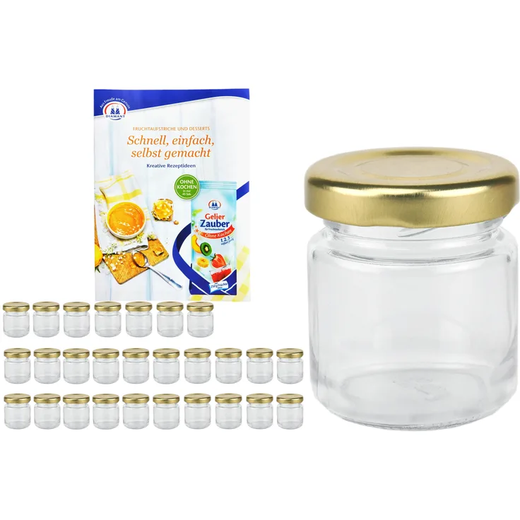 28er Set Sturzglas 53 ml To 43 goldener Deckel Mini Gläser Einkochgläser Glas incl. Rezeptheft