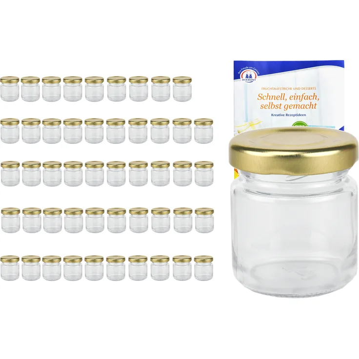 50er Set Mini Sturzglas 53 ml To 43 goldener Deckel Portionsgläser Obstgläser incl. Rezeptheft