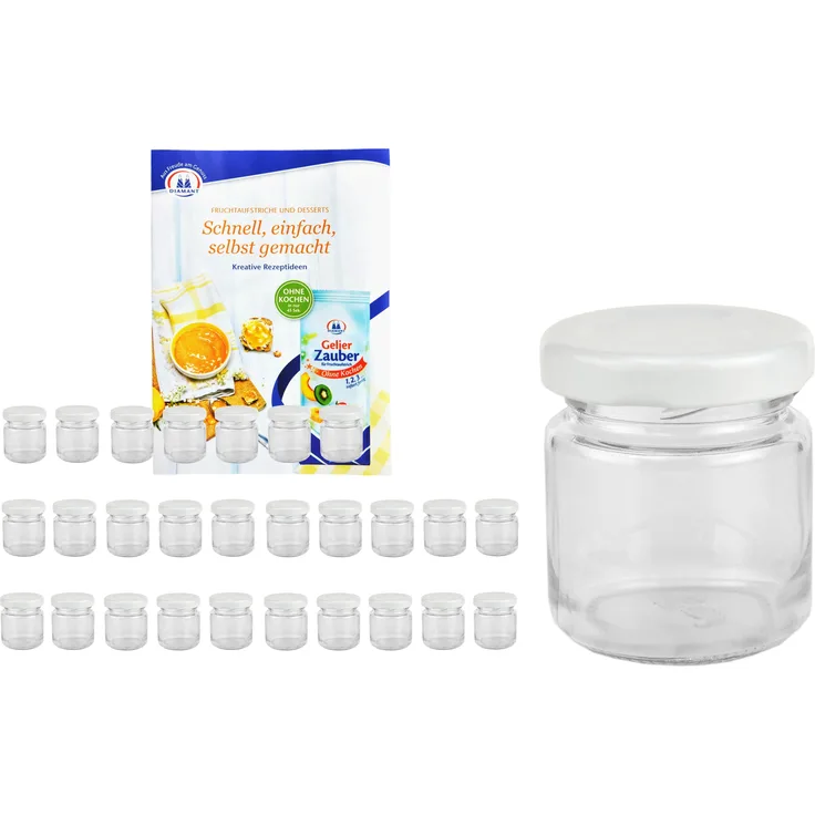 28er Set Sturzglas 53 ml To 43 weißer Deckel Marmeladengläser Einmachgläser incl. Rezeptheft