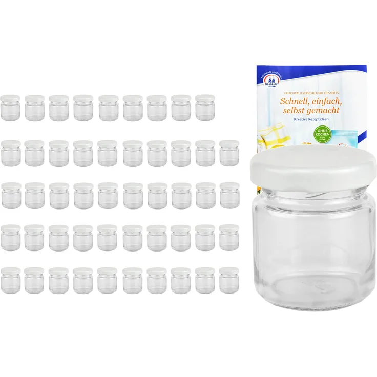 50er Set Mini Sturzgläser 53 ml To 43 weißer Deckel Obstgläser Einmachgläser incl. Rezeptheft