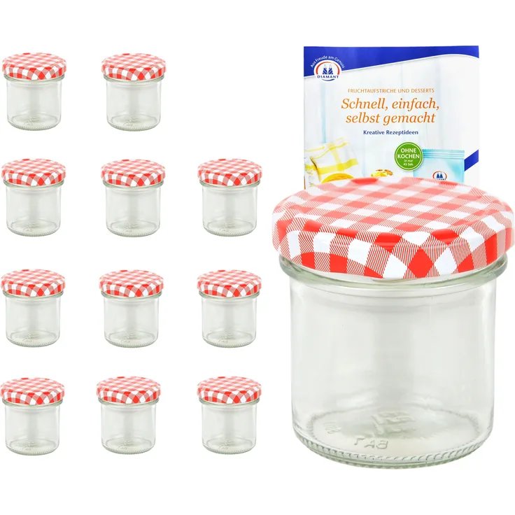 12er Set Sturzglas 167 ml To 66 rot karierter Deckel Einmachgläser Gläser incl. Rezeptheft