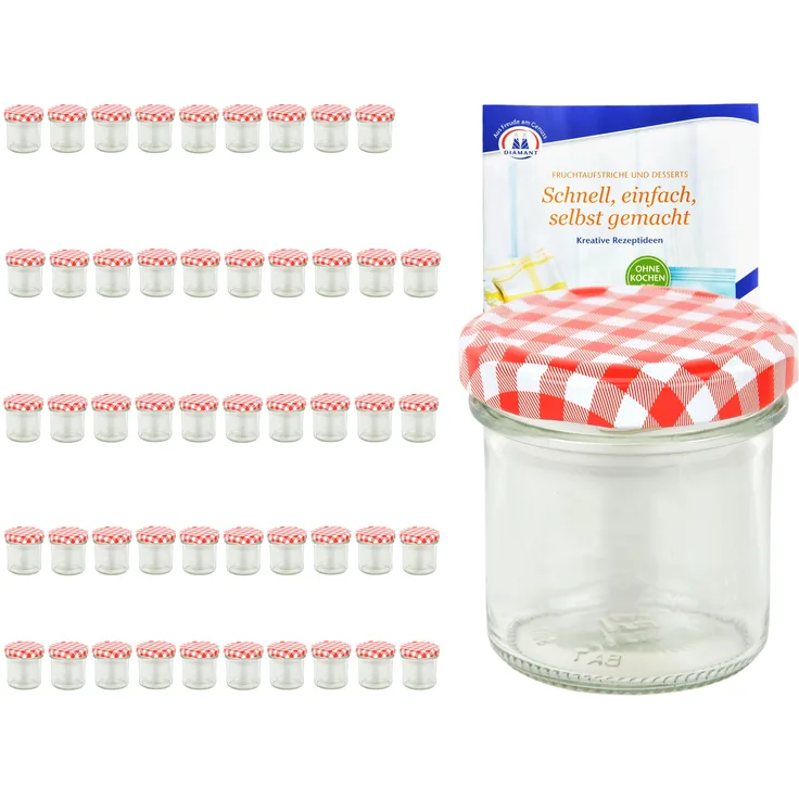 50er Set Sturzglas 167 ml To 66 rot karierter Deckel incl. Diamant Gelierzauber Rezeptheft