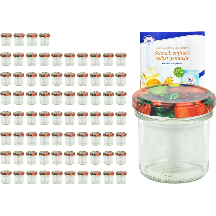 75er Set Sturzglas 167 ml To 66 Obst Dekor Deckel Einmachgläser Einkochgläser incl. Rezeptheft