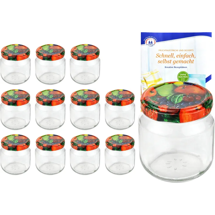 12er Set Rundglas 212 ml nieder To 66 Obst Dekor Deckel Marmeladengläser Gläser incl. Rezeptheft
