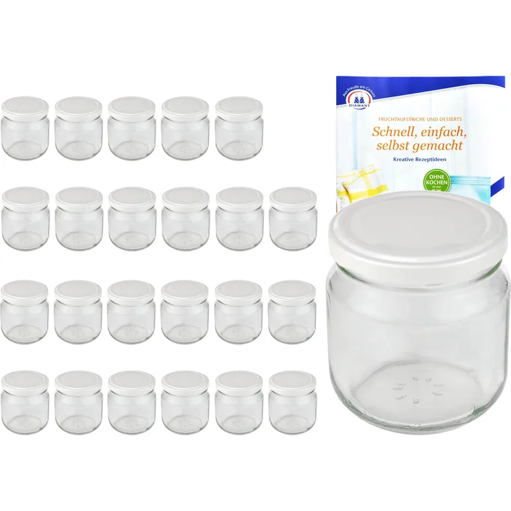 24er Set Rundglas 212 ml nieder To 66 weißer Deckel Einmachgläser Sturzgläser incl. Rezeptheft