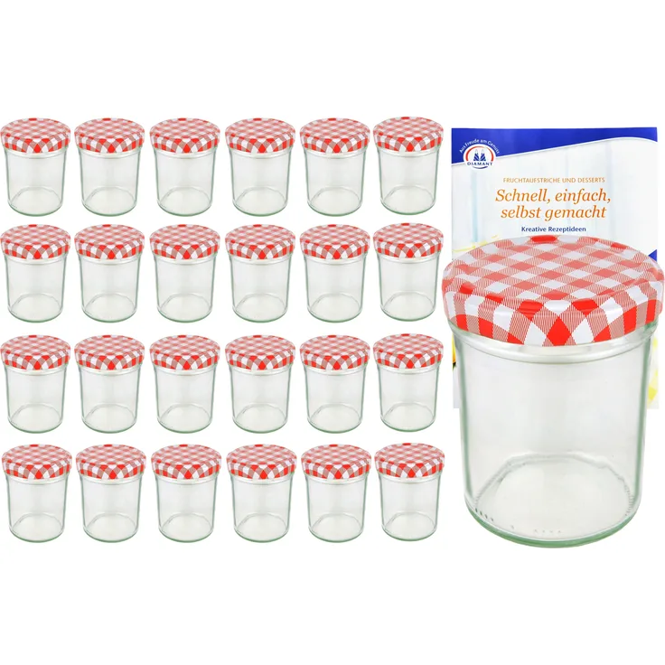 25er Set Sturzglas 230 ml HOCH To 66 rot karierter Deckel incl. Diamant Gelierzauber Rezeptheft
