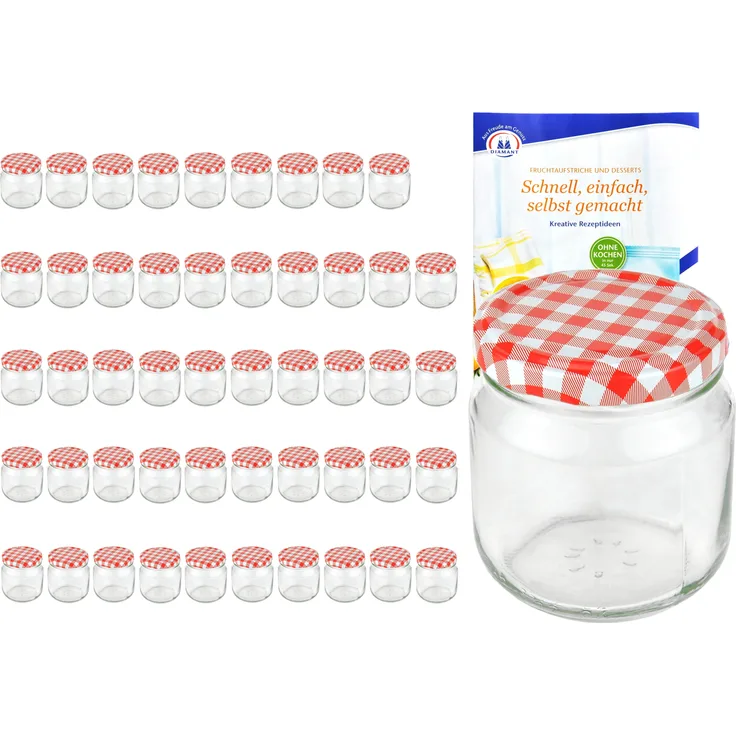 50er Set Rundglas 212 ml nieder To 66 rot karierter Deckel Sturzgläser Gläser incl. Rezeptheft