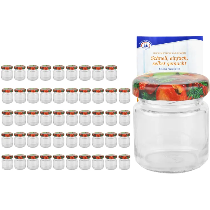 50er Set Sturzglas 53 ml To 43 Obst Dekor Deckel Portionsgläser Probiergläser incl. Rezeptheft