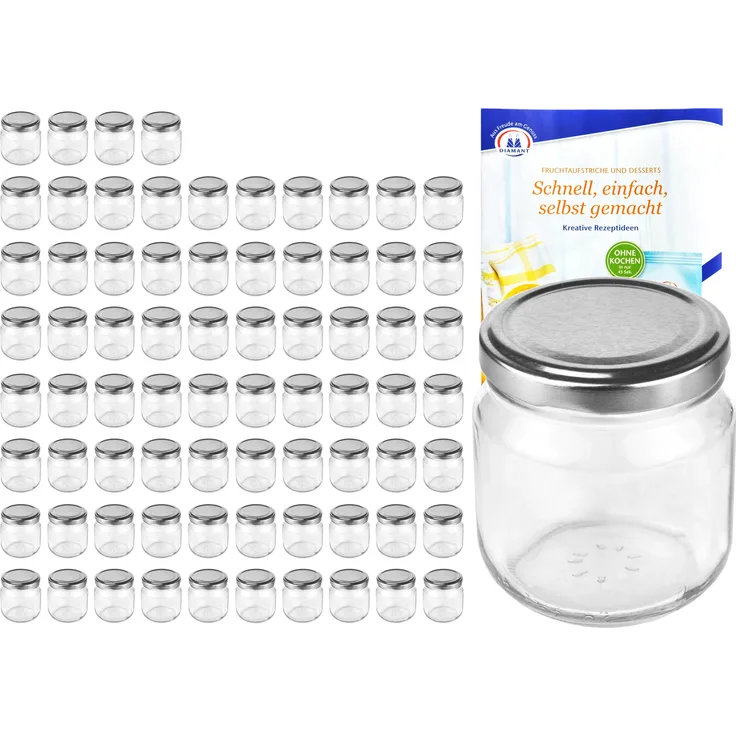 75er Set Rundglas 212 ml nieder To 66 silberner Deckel Sturzgläser Einmachgläser incl. Rezeptheft