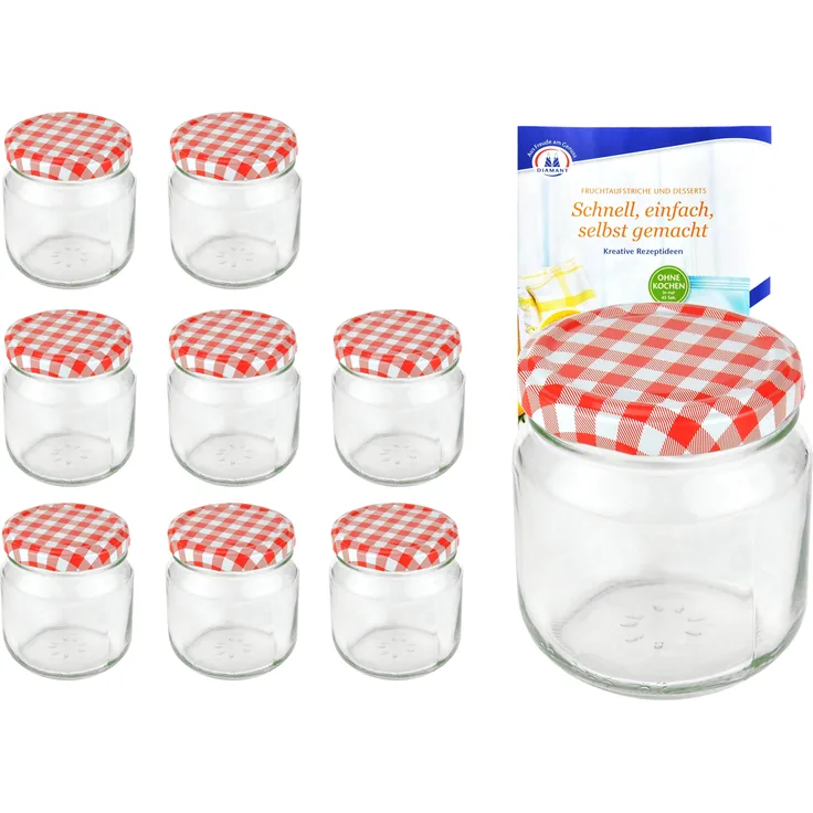 12er Set Rundglas 212 ml nieder To 66 rot karierter Deckel Marmeladengläser Glas incl. Rezeptheft