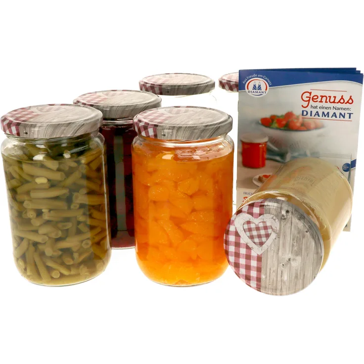 6x Einmachgläser 720ml I Deckel Holz Herz Rot-Dekor Twist-Off TO 82 + Rezeptheft