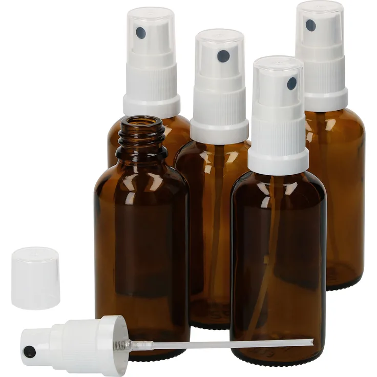 5er Set Apothekerglasflasche 50ml Sprühkopf-Aufsatz lichtgeschützte Aufbewahrung Sprühflaschen