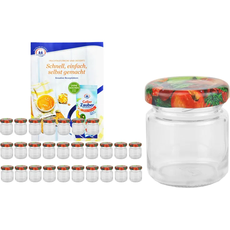 28er Set Sturzglas 53 ml To 43 Obst Dekor Deckel Einmachgläser Einkochgläser incl. Rezeptheft