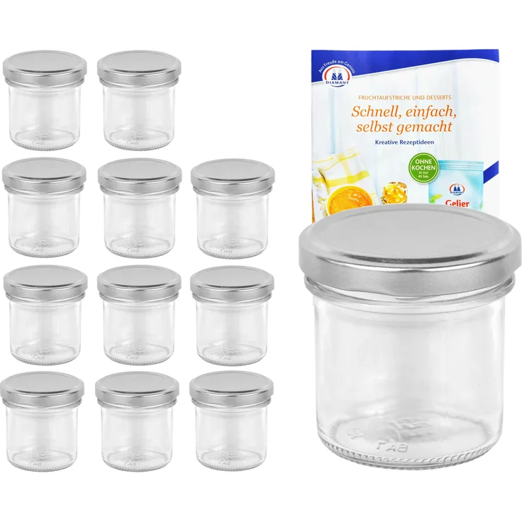 12er Set Sturzglas 167 ml To 66 silberner Deckel Marmeladengläser Einmachgläser incl. Rezeptheft