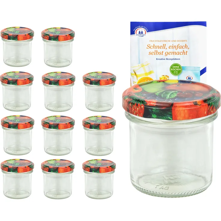12er Set Sturzglas 167 ml To 66 Obst Dekor Deckel Marmeladengläser Einweckgläser incl. Rezeptheft