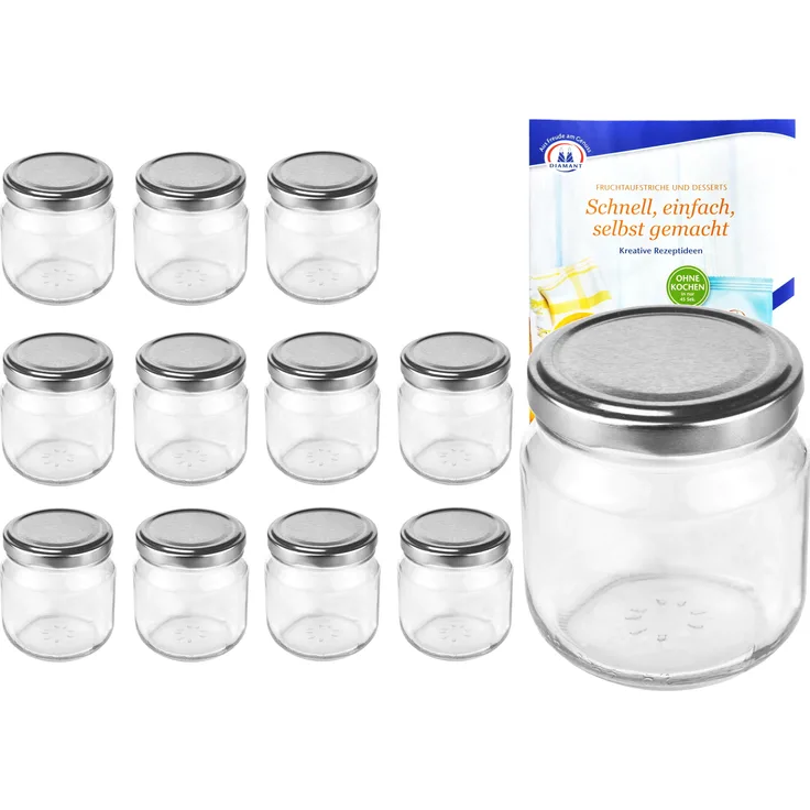 12er Set Rundglas 212 ml nieder To 66 silberner Deckel Marmeladengläser Gläser incl. Rezeptheft