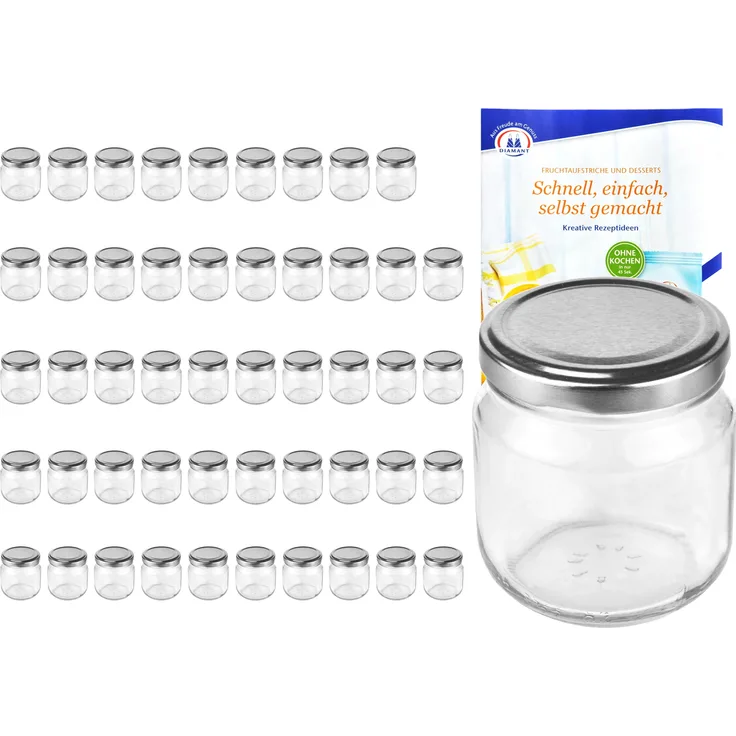50er Set Rundglas 212 ml nieder To 66 silberner Deckel Sturzgläser Einkochgläser incl. Rezeptheft