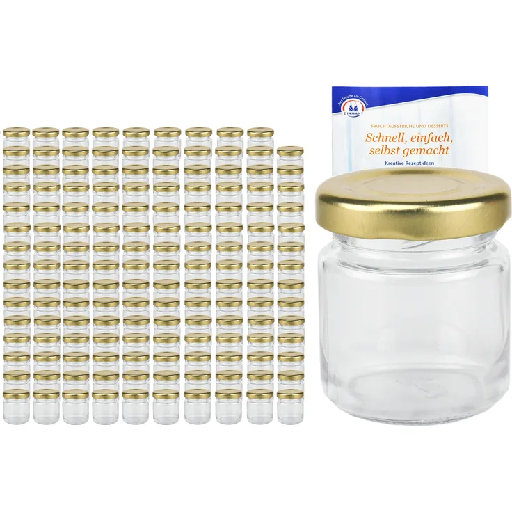 200er Set Sturzglas 53 ml To 43 goldener Deckel Portionsgläser Mini Probiergläser incl. Rezeptheft