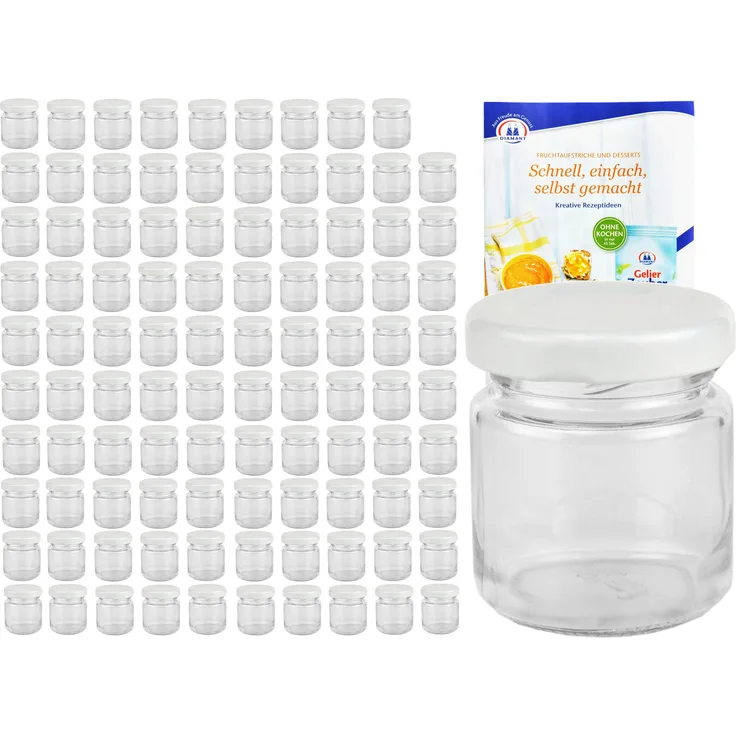 100er Set Sturzglas 53 ml To 43 weißer Deckel Marmeladengläser Portionsgläser incl. Rezeptheft