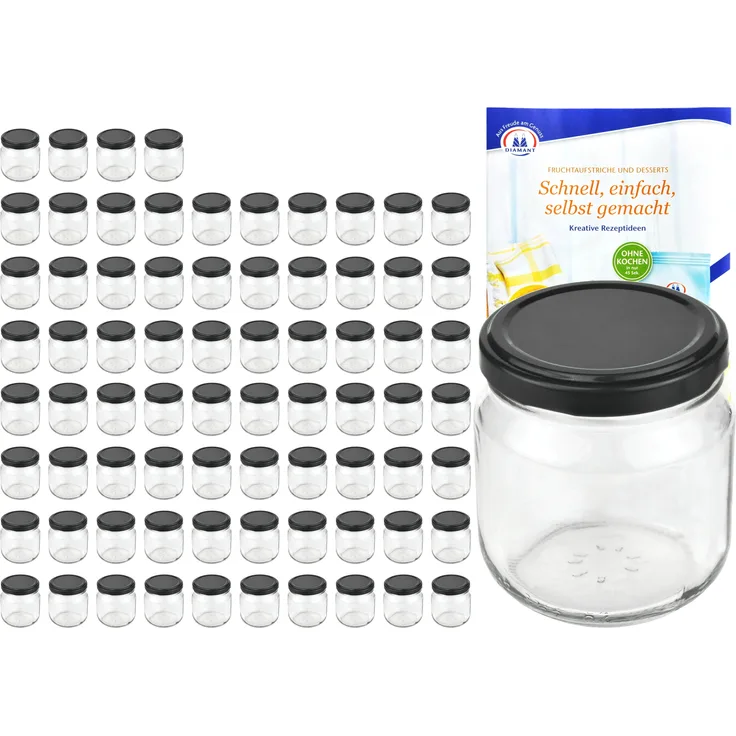 75er Set Rundglas 212 ml nieder To 66 schwarzer Deckel Einkochgläser Sturzgläser incl. Rezeptheft