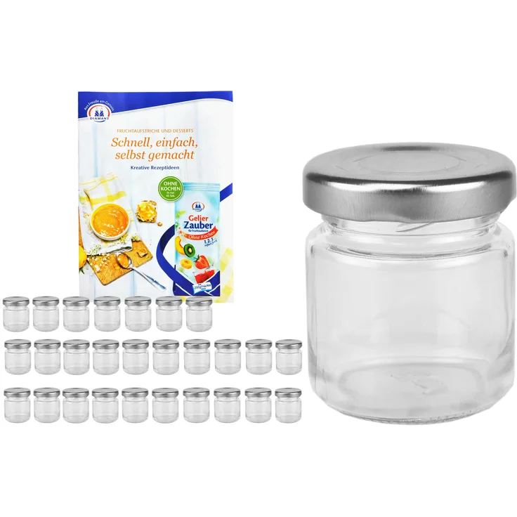 28er Set Sturzglas 53 ml To 43 silberner Deckel Einmachglas Marmeladengläser incl. Rezeptheft