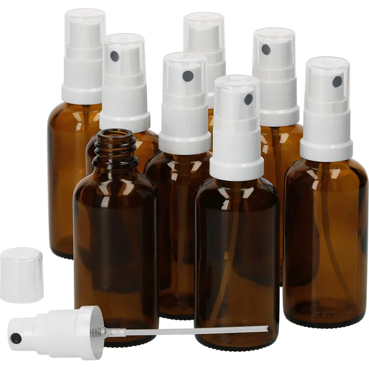 8er Set Apothekerglasflasche 50ml Sprühkopf-Aufsatz lichtgeschützte Aufbewahrung Sprühflaschen