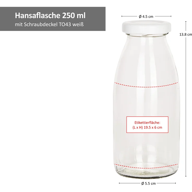 6er Set Saftflaschen 250ml Twist-Off Deckel TO43 weiß bauchige Glasflasche Karaffe Milch Trink – Bild 5