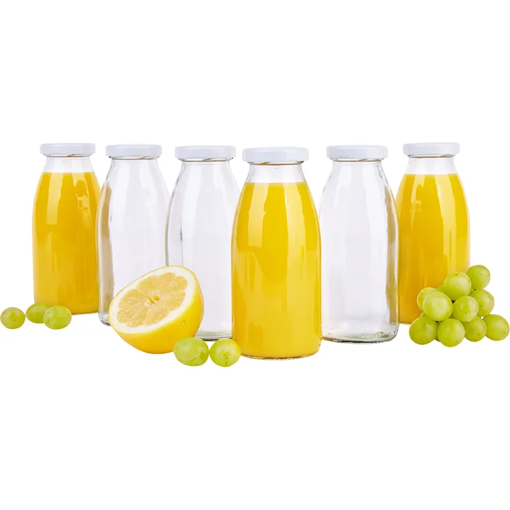 6er Set Saftflaschen 250ml Twist-Off Deckel TO43 weiß bauchige Glasflasche Karaffe Milch Trink