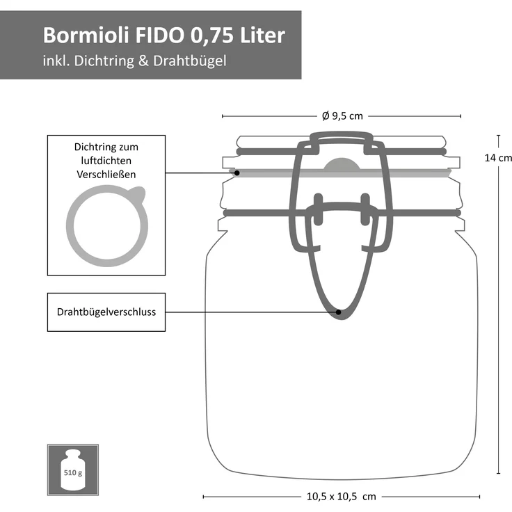 6-tlg. Set Drahtbügelglas Fido 0,5L + 0,75L + 1,0L Einmachglas mit Bügelverschluss Vorratsglas – Bild 6