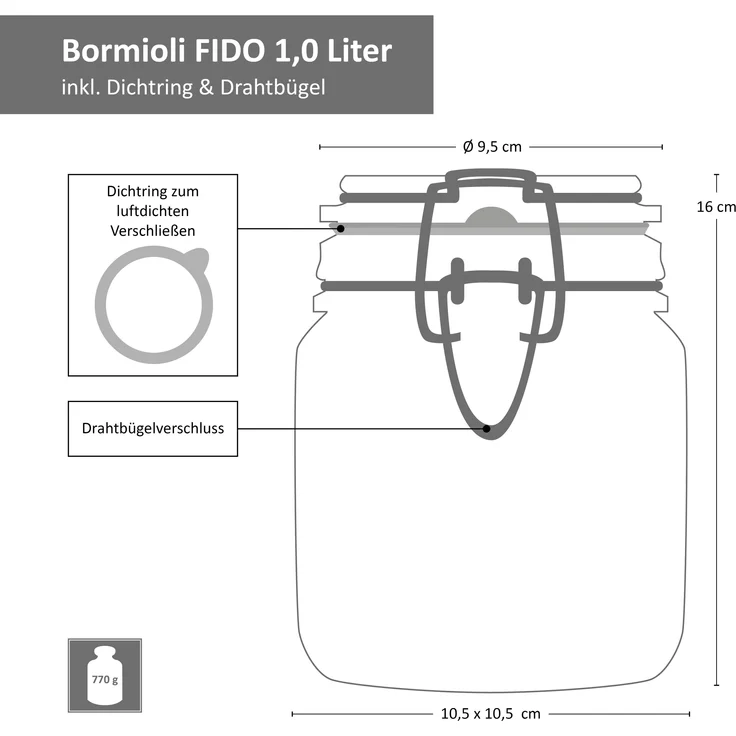 6-tlg. Set Drahtbügelglas Fido 0,5L + 0,75L + 1,0L Einmachglas mit Bügelverschluss Vorratsglas – Bild 7