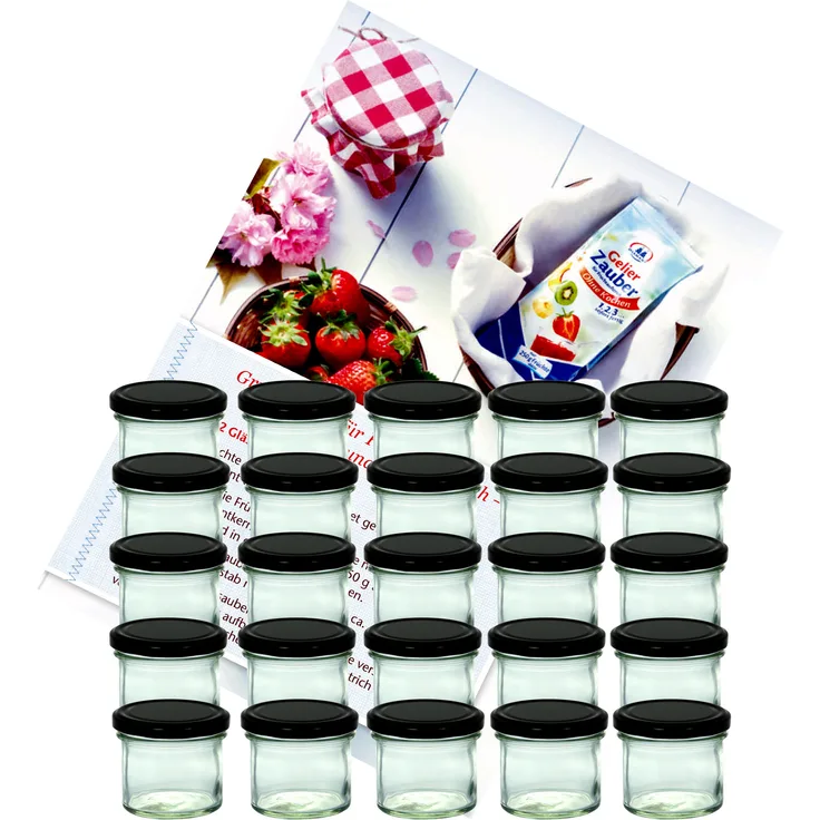 25er Set Sturzglas 125 ml To 66 schwarzer Deckel incl. Diamant-Zucker Gelierzauber Rezeptheft
