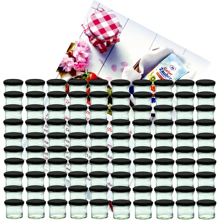 100er Set Sturzglas 125 ml To 66 schwarzer Deckel incl. Diamant-Zucker Gelierzauber Rezeptheft