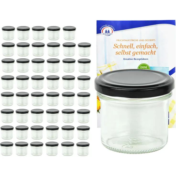 48er Set Sturzglas 125 ml To 66 schwarzer Deckel Einkochgläser Probiergläser Glas incl. Rezeptheft