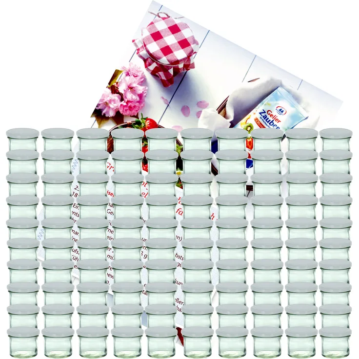 100er Set Sturzglas 125 ml To 66 silberner Deckel incl. Diamant-Zucker Gelierzauber Rezeptheft