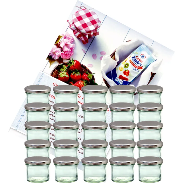 25er Set Sturzglas 125 ml To 66 silberner Deckel incl. Diamant-Zucker Gelierzauber Rezeptheft