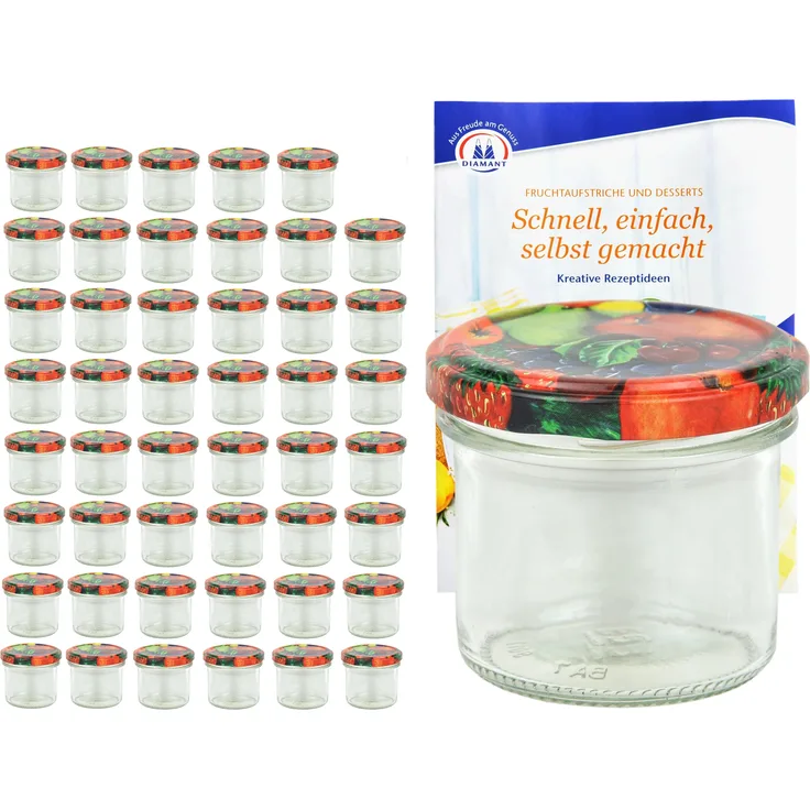 48er Set Sturzglas 125 ml To 66 Obst Dekor Deckel Einmachgläser Vorratsgläser incl. Rezeptheft