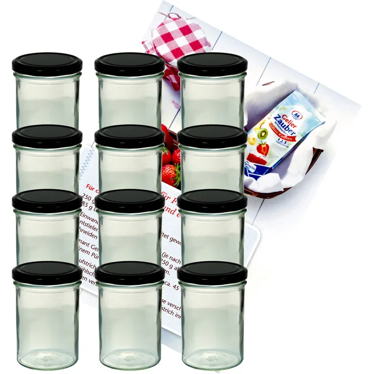 12er Set Sturzglas 435 ml Marmeladenglas Einmachglas Glas To 82 schwarzer Deckel incl. Rezeptheft