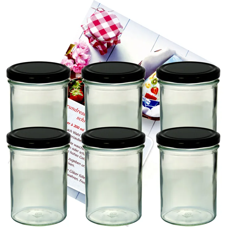 6er Set Sturzglas 435 ml Marmeladenglas Einmachglas Einweckglas To 82 schwarzer Deckel incl. Diamant-Zucker Gelierzauber Rezeptheft