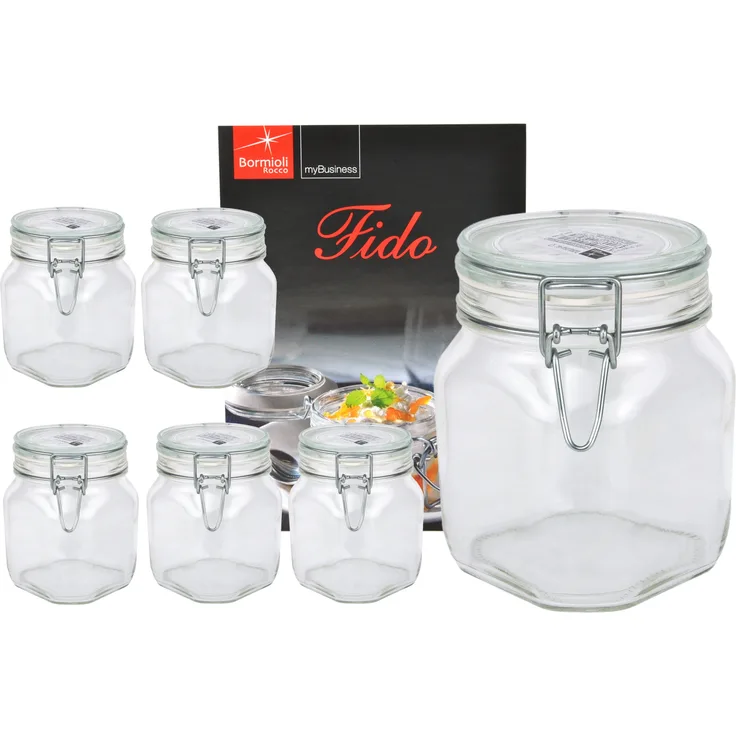 6er Set Einmachglas Bügelverschluss Original Fido 0,75L incl. Bormioli Rezeptheft