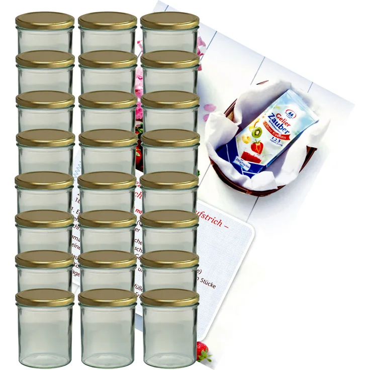 24er Set Sturzglas 350 ml Marmeladenglas Einmachglas Glas To 82 goldener Deckel incl. Rezeptheft