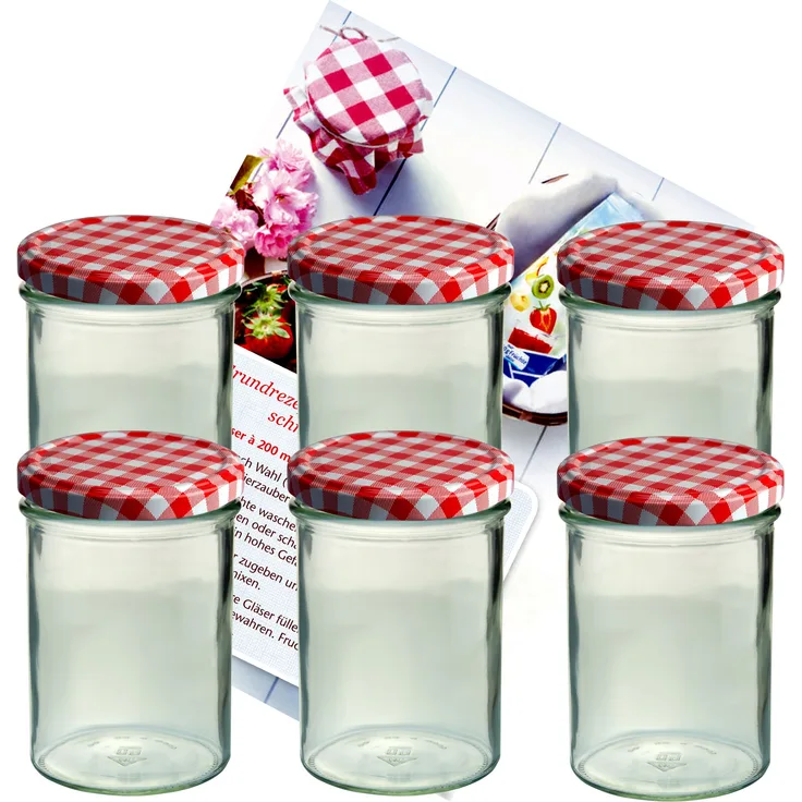 6er Set Sturzglas 435 ml Marmeladenglas Einmachglas Einweckglas To 82 rot karierter Deckel incl. Diamant-Zucker Gelierzauber Rezeptheft