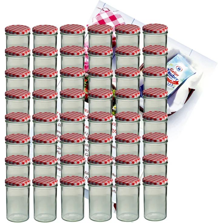 48er Set Sturzglas 435 ml Marmeladenglas Einmachglas Einweckglas Glas To 82 rot karierter Deckel – Bild 1