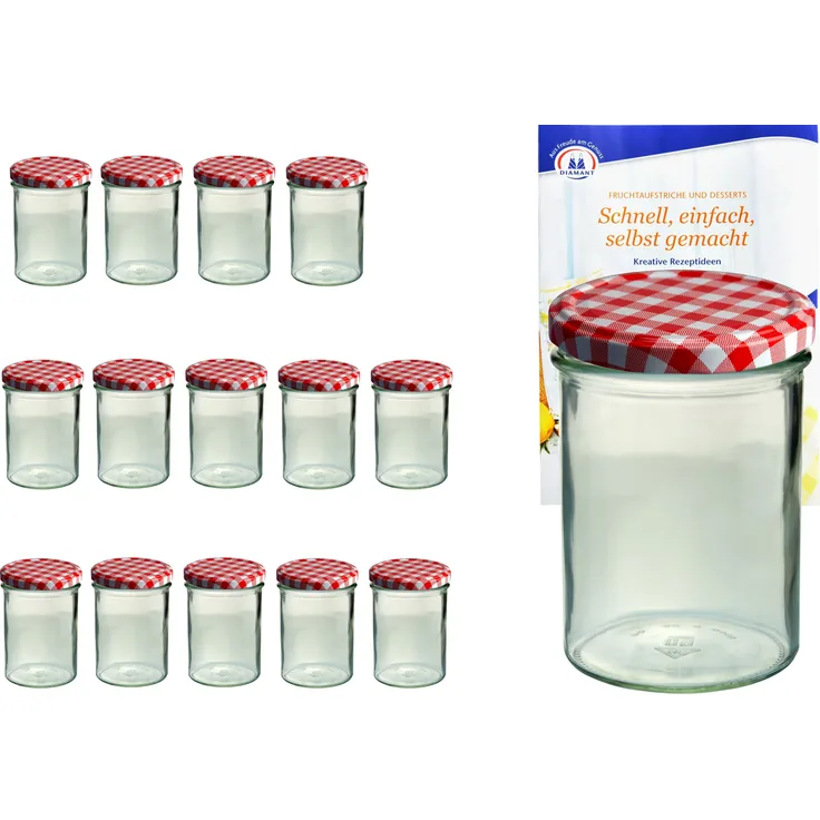 15er Set Sturzglas 435 ml To 82 rot karierter Deckel Einmachgläser Einkochgläser incl. Rezeptheft