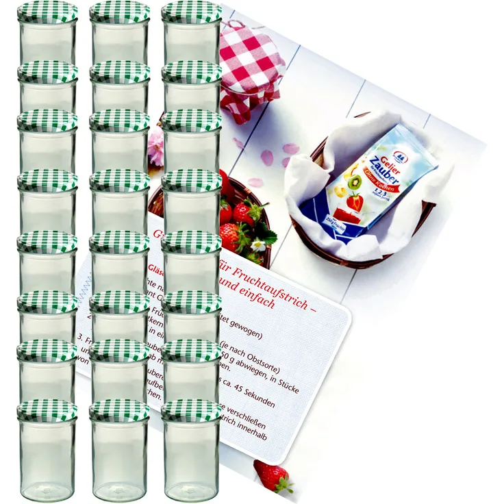 24er Set Sturzglas 435 ml Marmeladenglas Einmachglas To 82 karierte Deckel incl. Rezeptheft