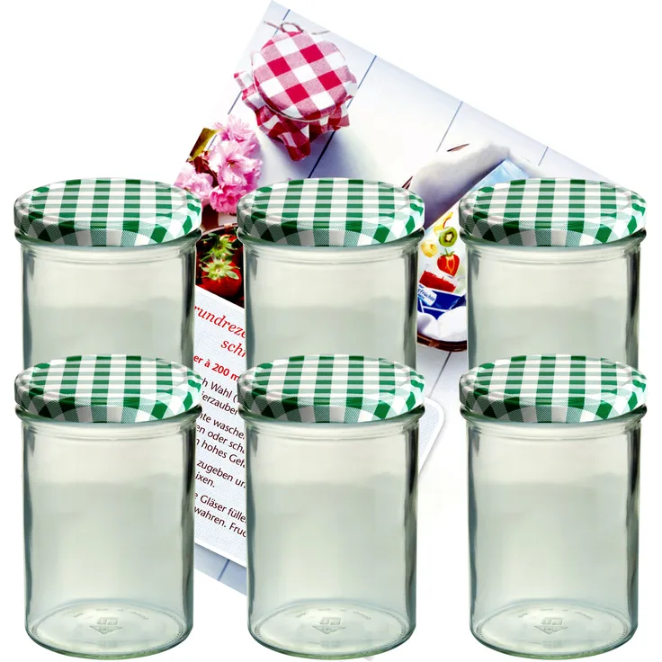 6er Set Sturzglas 435 ml Marmeladenglas Einmachglas Einweckglas To 82 grün karierter Deckel incl. Diamant-Zucker Gelierzauber Rezeptheft