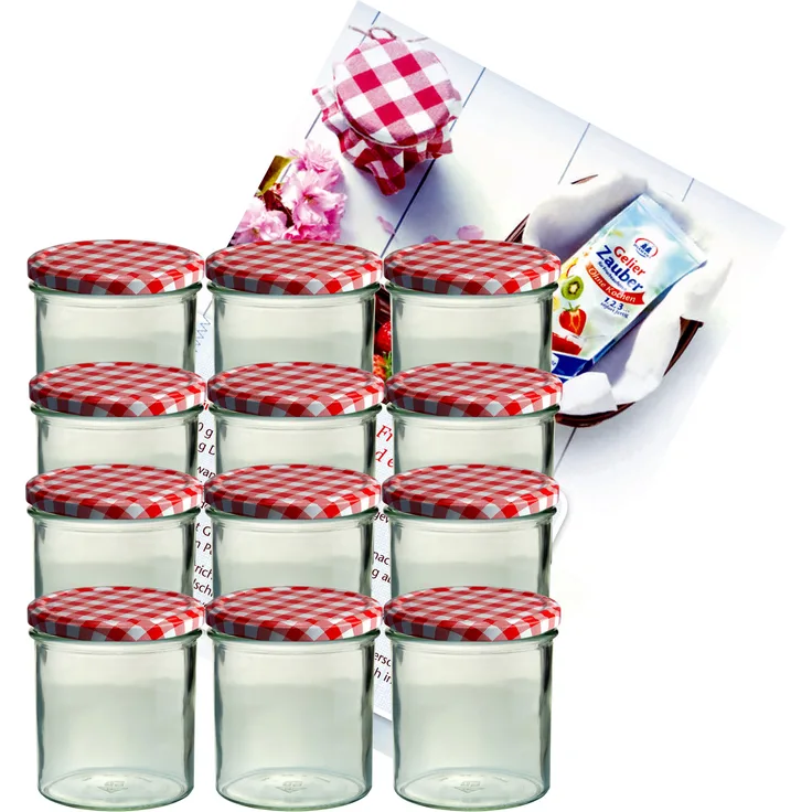 12er Set Sturzglas 350 ml Marmeladenglas Einmachglas Einweckglas To 82 rot karierter Deckel