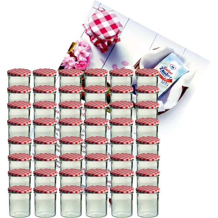 48er Set Sturzglas 350 ml Marmeladenglas Einmachglas To 82 rot karierter Deckel incl. Rezeptheft